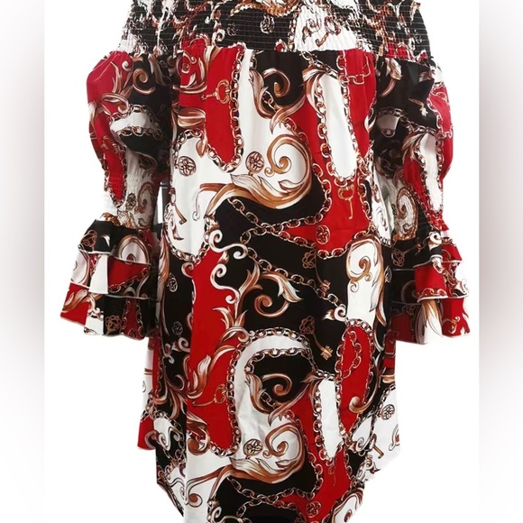 Plus Size Baroque Print Off Shoulder Layered Sleeve Dress - Picture 4 of 6